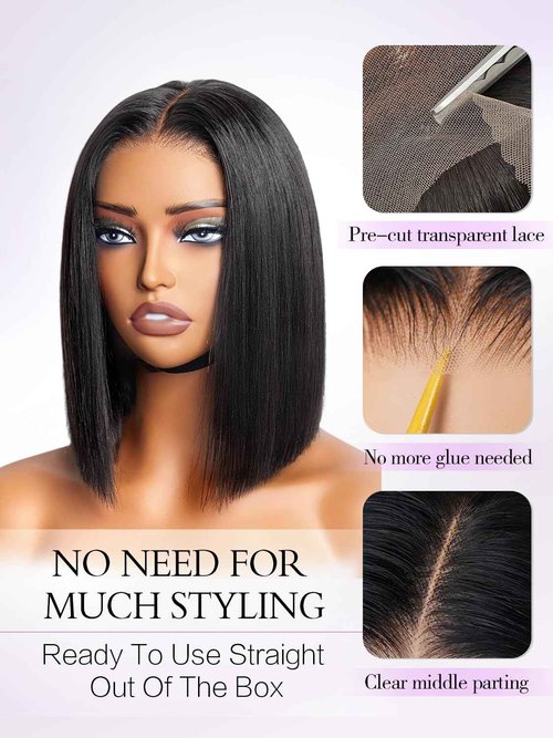 Xinjiju Bob Glueless Wigs Human Hair Pre Plucked Pre Cut 6x4 HD Lace Front Wigs Wear and Go Short Straight Bob Wigs for Black Women 150% Density Natural Black for Daily Use 14 Inch