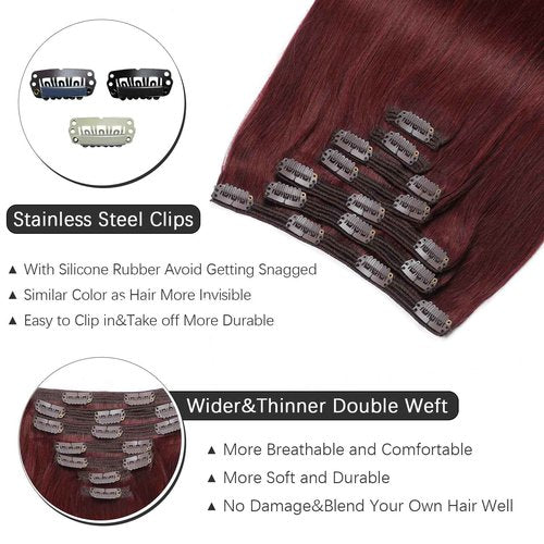 Rimoss Clip in Hair Extensions Real Human Hair - 160g 20 Inch 7pcs, Burgundy Red Color - Premium Soft Hair Extensions Real Human Hair Clip ins Straight Double Weft for Women (#99J 20 Inch)