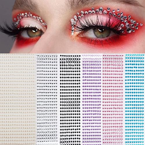 Pearl Makeup Self Adhesive Rhinestones for Eye Jewels Face Gems Halloween Decoration, Nail Rhinestones Body Temporary Tattoo Diamonds, Eyeshadow Jewelry Sticker for Women Girls 6 Sheets
