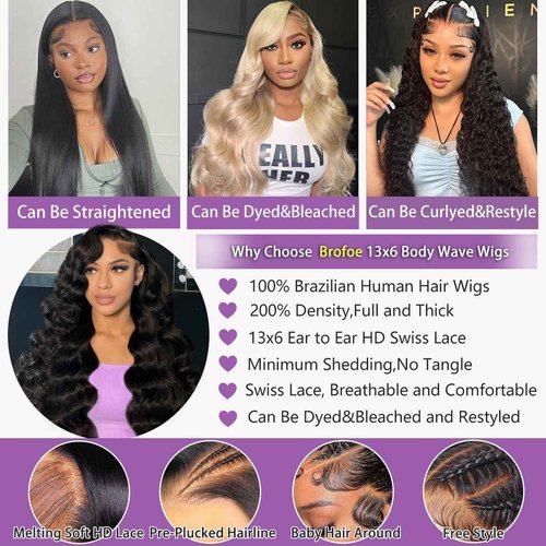 Brofoe 13x6 Lace Front Wigs Human Hair 200 Density Body Wave HD Lace Front Wigs Human Hair Pre Plucked Natural Color Glueless Wigs for Women 18 Inch