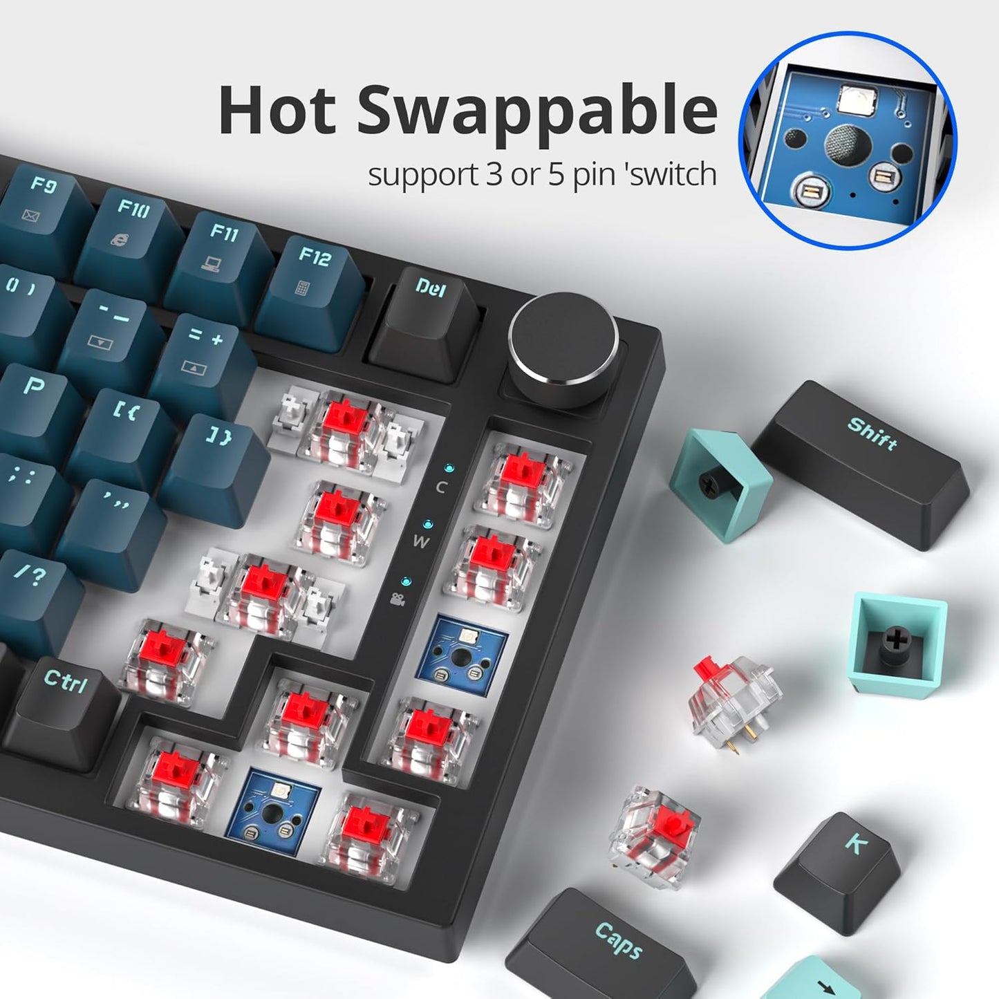 75 Percent Keyboard Gasket-Mounted with Sound Absorbing Pads, 82-Key Compact Wired RGB Mechanical Gaming Keyboard Hot-Swap Socket for Win, Blue Earth