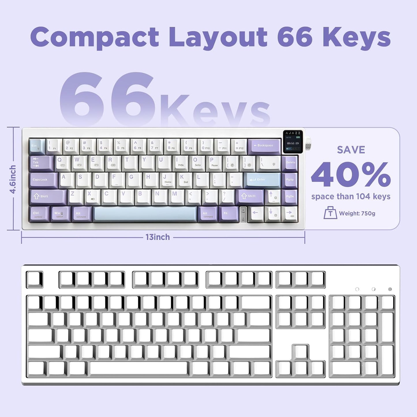 AJAZZ AK650 Mechanical Gaming Keyboard with Smart Display & Knob,65% Wireless Mechanical Keyboard BT/2.4G/USB-C, Hot Swappable, Creamy Sounding with RGB Light (Purple,Flying Fish Switch)
