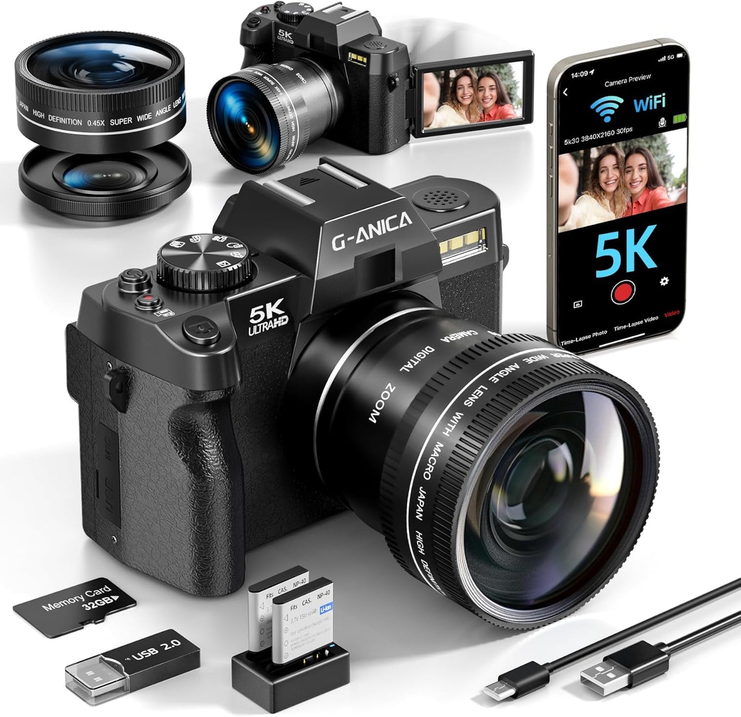 5K Digital Cameras for Photography,48MP/60FPS Video Camera for Vlogging, WiFi & App Control Vlogging for YouTube, Small Camera with 32GB TF Card.Wide-Angle & Macro Lens