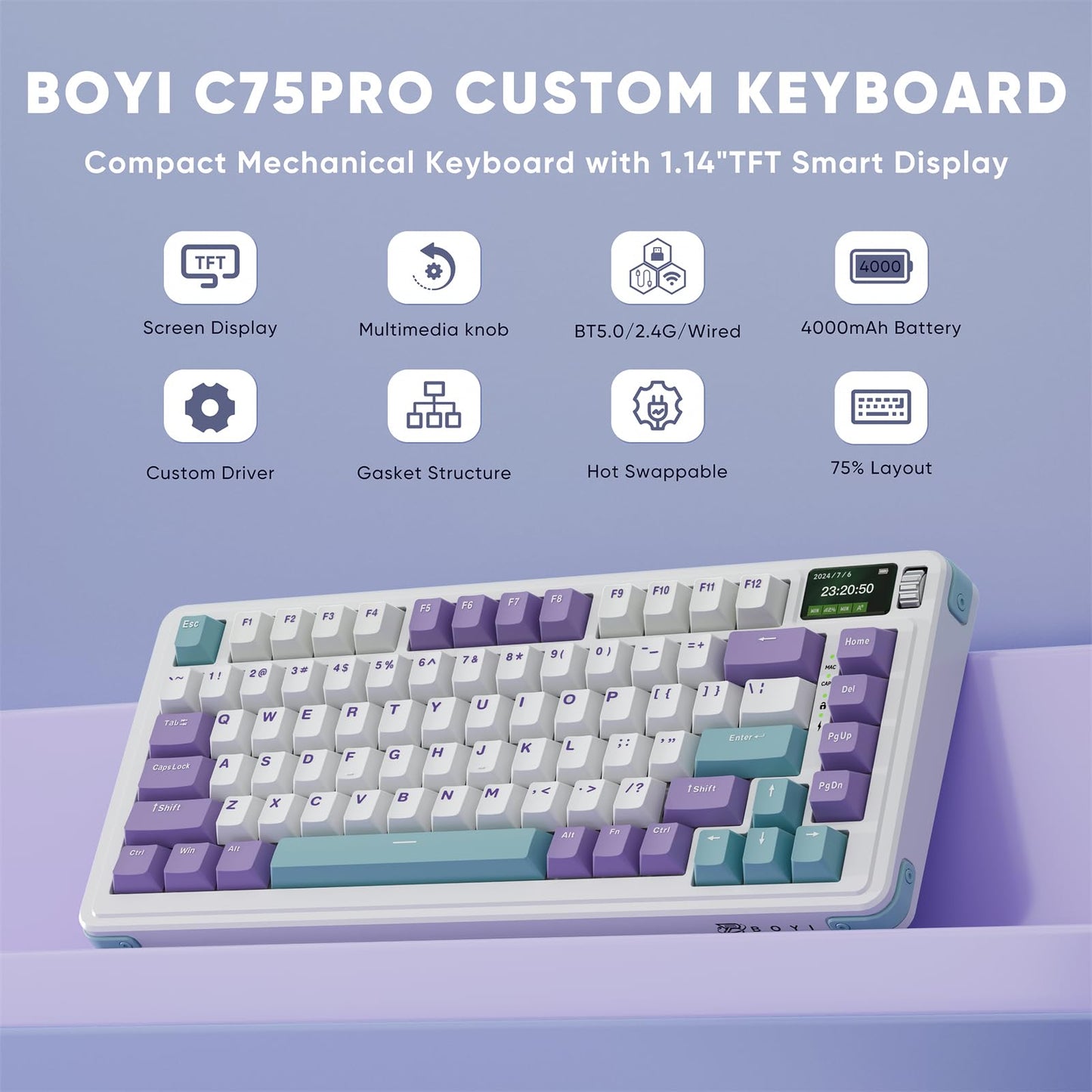 ZMX C75Pro TKL Gaming Keyboard,Hot Swap Gasket-Mounted Wireless Bluetooth 5.0/2.4G Type-C Wired Custom RGB Mechanical Keyboard with Screen&Knob for PC/Mac Gamer (Purple-White)