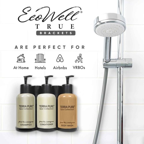 Terra Pure Spa Collection | Wall-Mounted No-Drill Hotel Amenities Dispenser | 10.14oz Bottles | Tamper-Proof Locking Bracket | 1 Bracket with Shampoo, Conditioner, and Body Wash