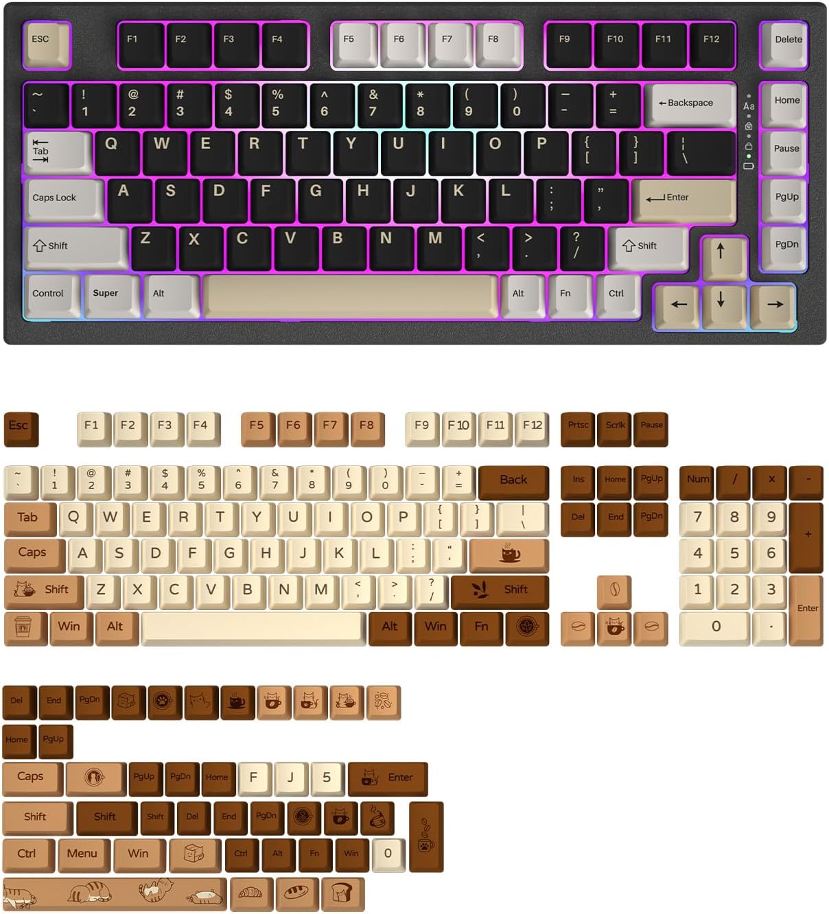 YUNZII YZ75 Hot Swappable Wireless Keyboard(Gateron G Pro Black, Black), Coffee Cat Dye Sub PBT Keycaps(Cherry Profile, Coffee Cat)