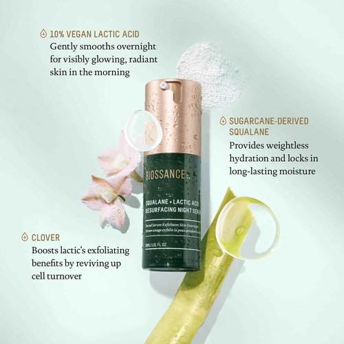 BIOSSANCE Squalane + Lactic Acid Resurfacing Night Serum - Vegan 10% Lactic Acid Face Serum for Skin Texture and Fine Lines - Gentle Night Exfoliant, Hydrating - Pore Reducer for Face, 1.0 Ounce
