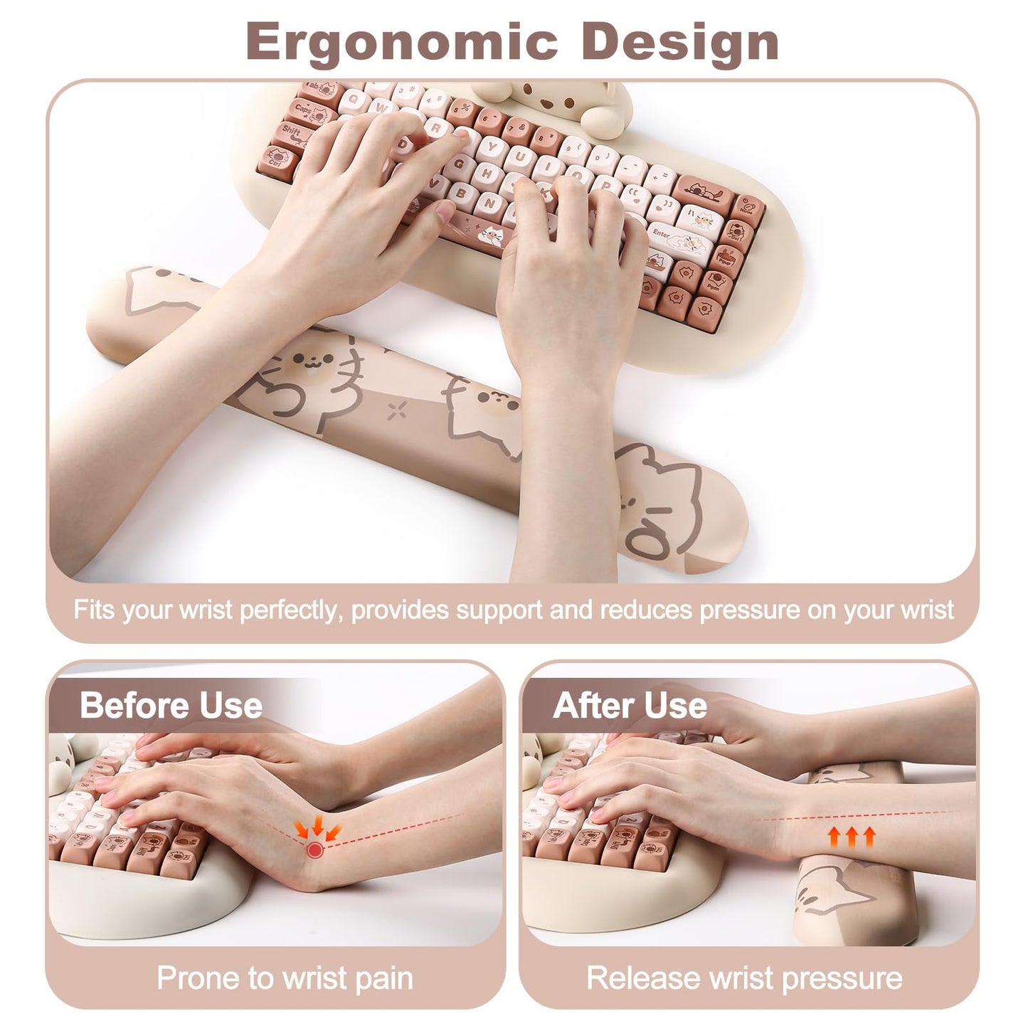 YUNZII Keyboard Wrist Support, Ergonomic Mouse Support for Typing Pain Relief, Slip Resistant PU Base, Cute Wrist Rest for Office Gaming Computer (Cat)
