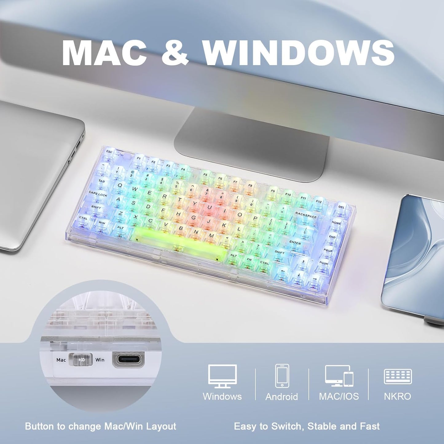 YUNZII X75 82 Key Hot Swappable Mechanical Keyboard with Transparent Keycaps, 75% Layout Gasket Mount RGB Backlit for Windows/Mac (Kailh Jellyfish Switch, Wired-White)