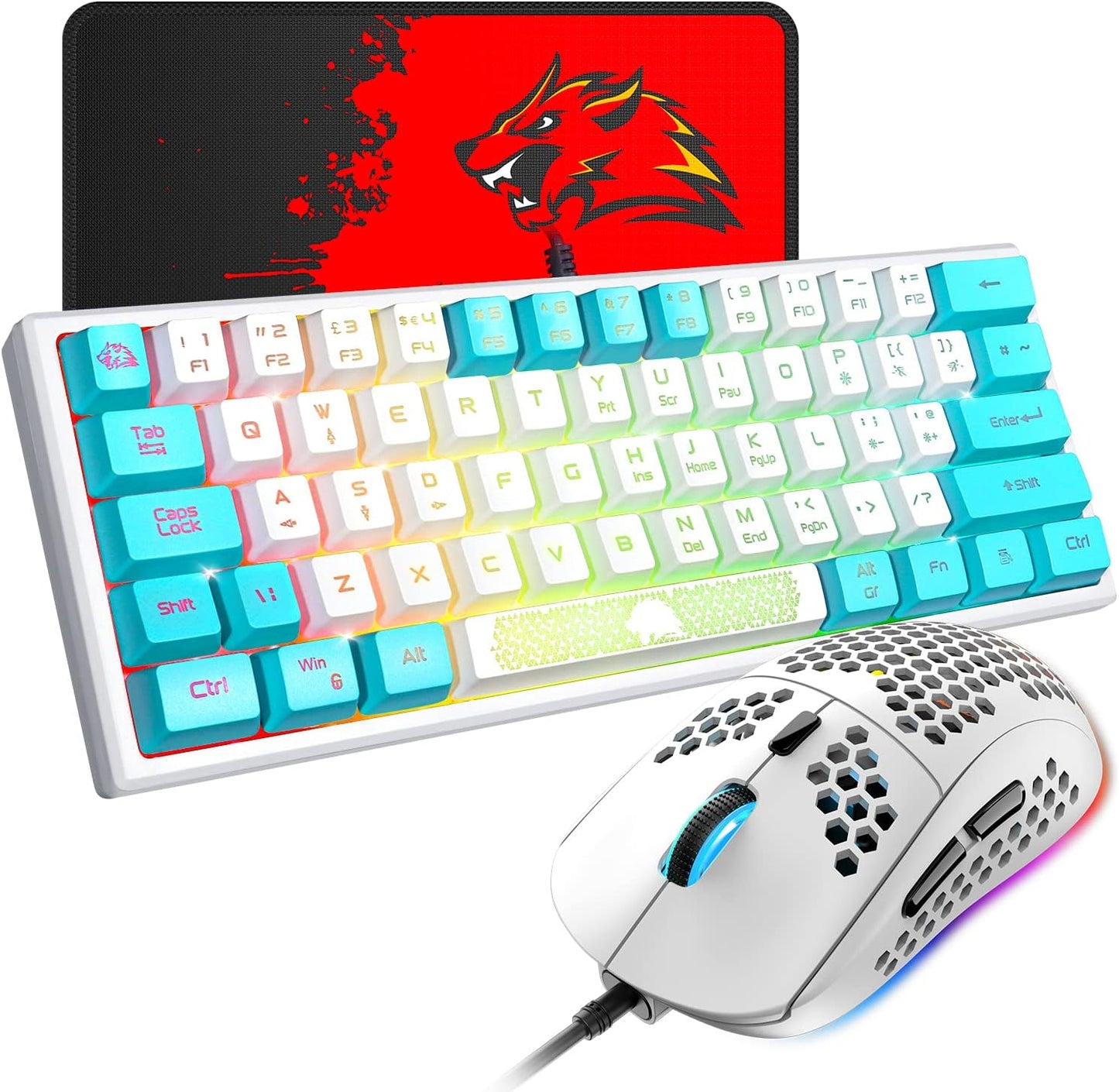 60% Gaming Keyboard and Mouse Combo Small Mini RGB Backlight Mechanical Feeling and Mechanical RGB 6400 DPI Honeycomb Optical Mouse,Gaming Mouse pad for Gamers and Typists Black