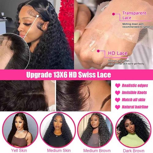JTMMP 13x6 Deep Wave Lace Front Wigs Human Hair 200% Density 26 Inch Curly Human Hair Wig for Women Natural Black HD Transparent Lace Glueless Frontal Wigs Human Hair Pre Plucked