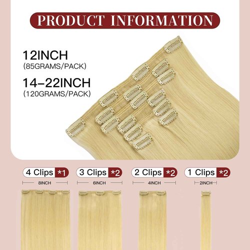 LOVELINE Clip in Hair Extensions Real Human Hair, 100% Remy Human Hair Extensions Clip Ins for Women, 7Pcs 14Inch 120g, Bleach Blonde