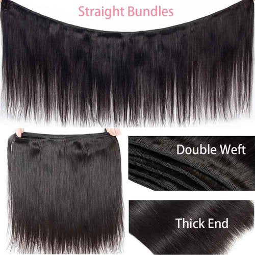 12A Straight Bundles Human Hair,Double Weft for Women 100% Unprocessed Brazilian Virgin Hair Extensions Natural Black 16 18 20 Inch 3 Bundles