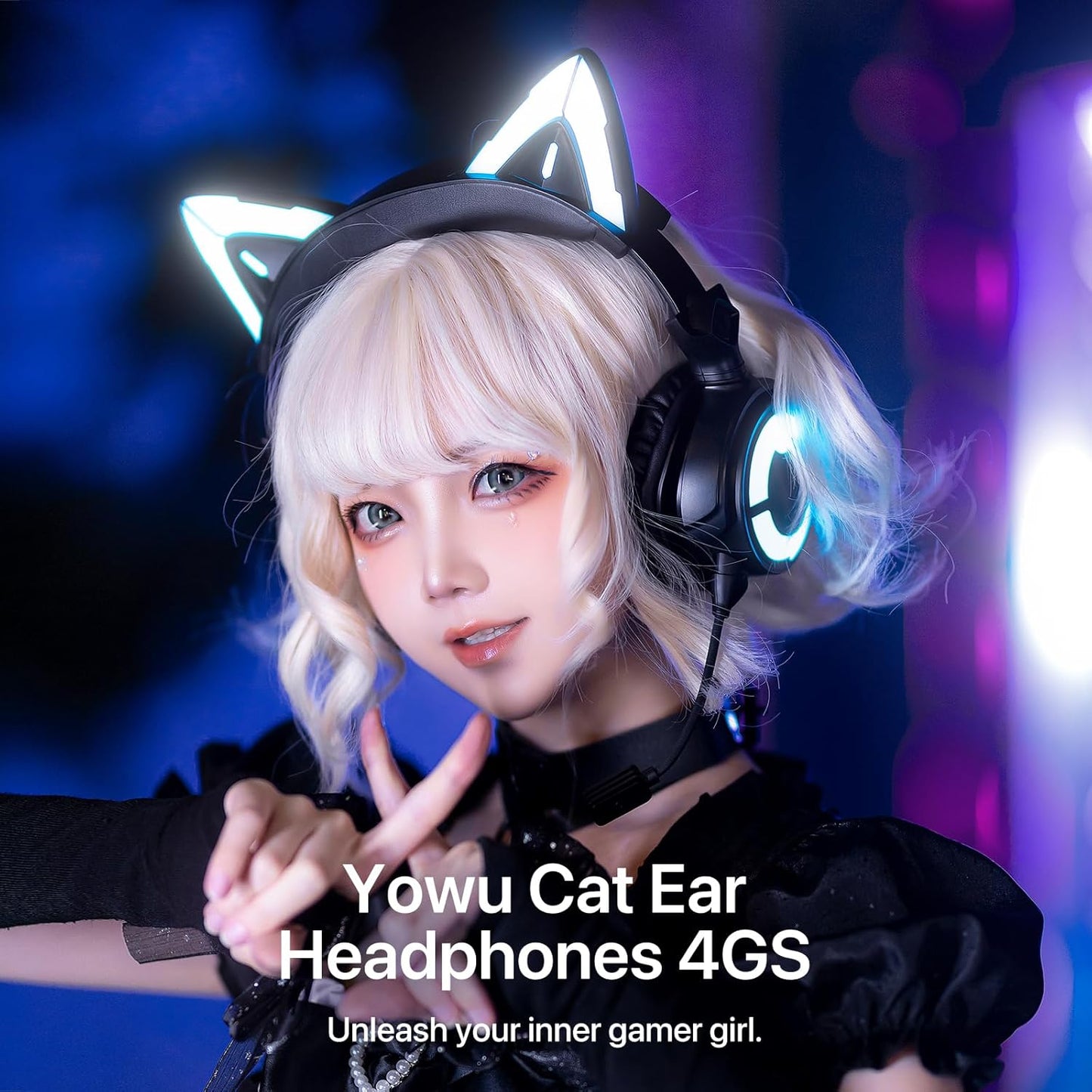 YOWU RGB Cat Ear Headphone 4, Upgraded Wireless & Wired Gaming Headset with Attachable HD Microphone -Active Noise Reduction, Dual-Channel Stereo & Customizable Lighting and Effect via APP (Pink)