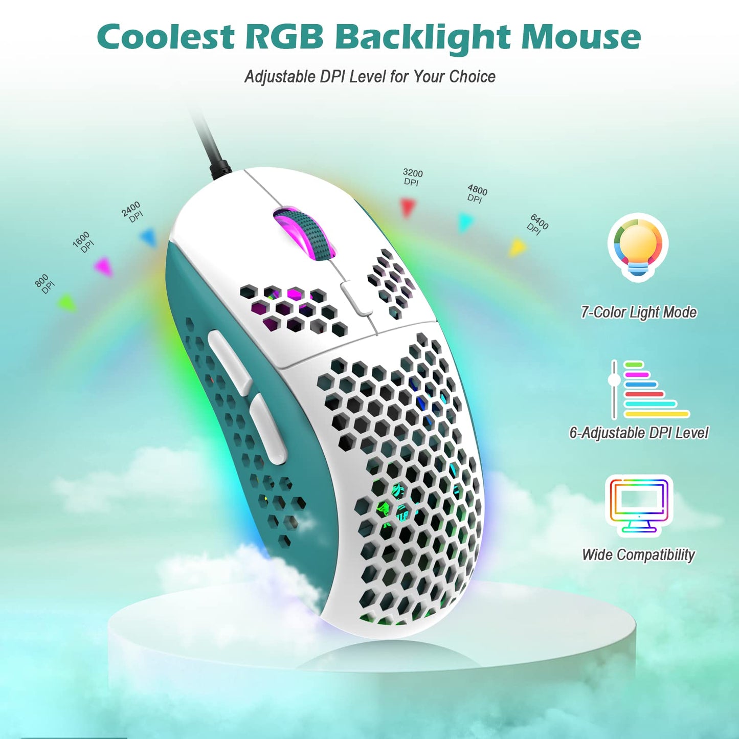 ZIYOU LANG RK-T60 Wired Mechanical Gaming Keyboard and Mouse Combo Mini Portable with Rainbow Backlit 62Key NKRO 6400DPI RGB Honeycomb Mice Coiled Aviator Cable for PS4/PC/WIN Gamer(Green/Blue Switch)