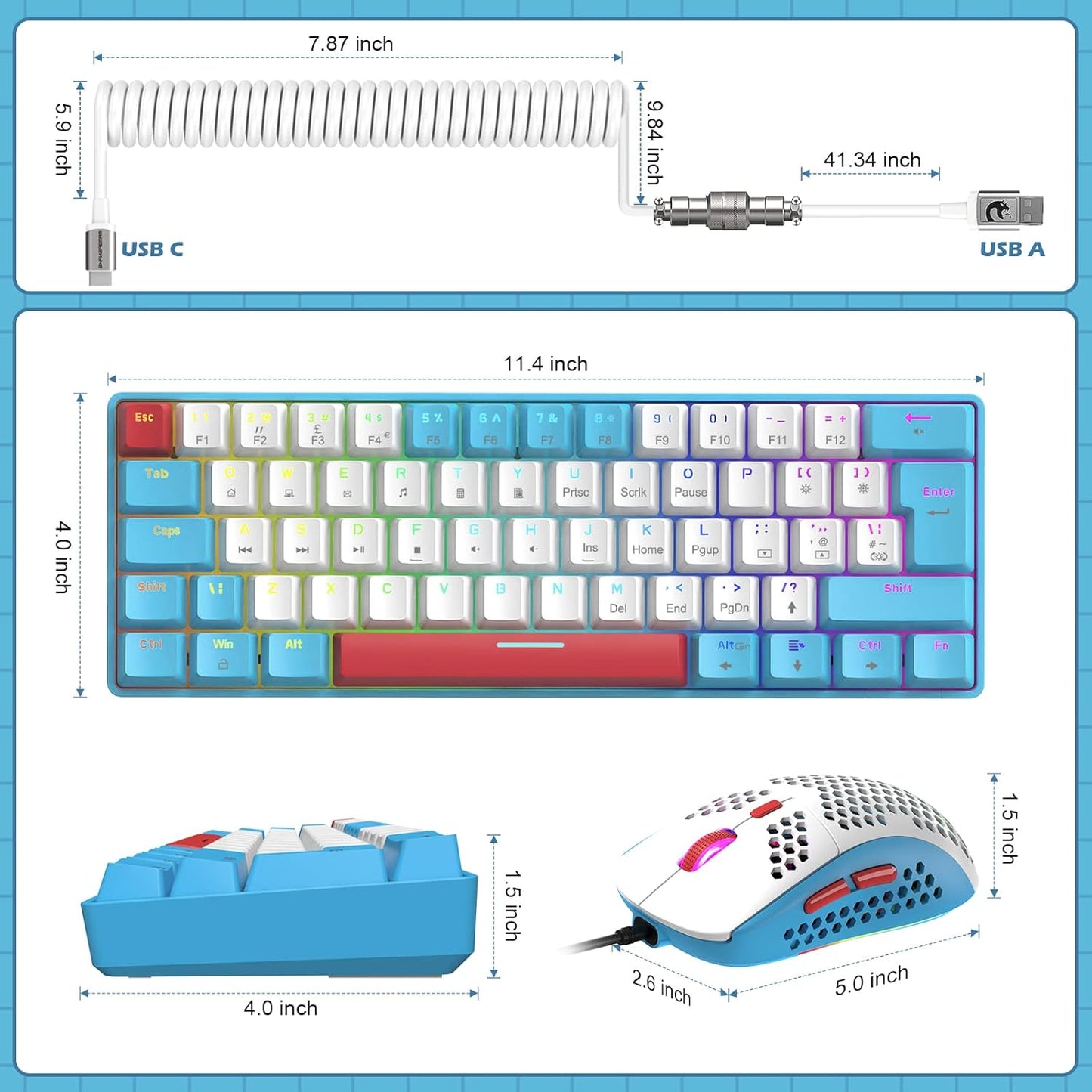 ZIYOU LANG RK-T60 Wired Mechanical Gaming Keyboard and Mouse Combo Portable with Rainbow Backlit 62Key NKRO 6400DPI RGB Honeycomb Mice Coiled Aviator Cable for PS4/PC/WIN Gamer(Dark Gray/Blue Switch)