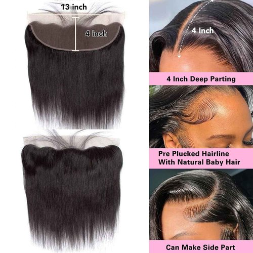 13x4 Lace Frontal Closure Straight Human Hair Ear to Ear HD Lace Free Part Brazilian Hair Extensions 0.095 mm Ultra Thin Invisible Lace Closure Pre Plucked Natural Hairline with Baby Hair 14Inch