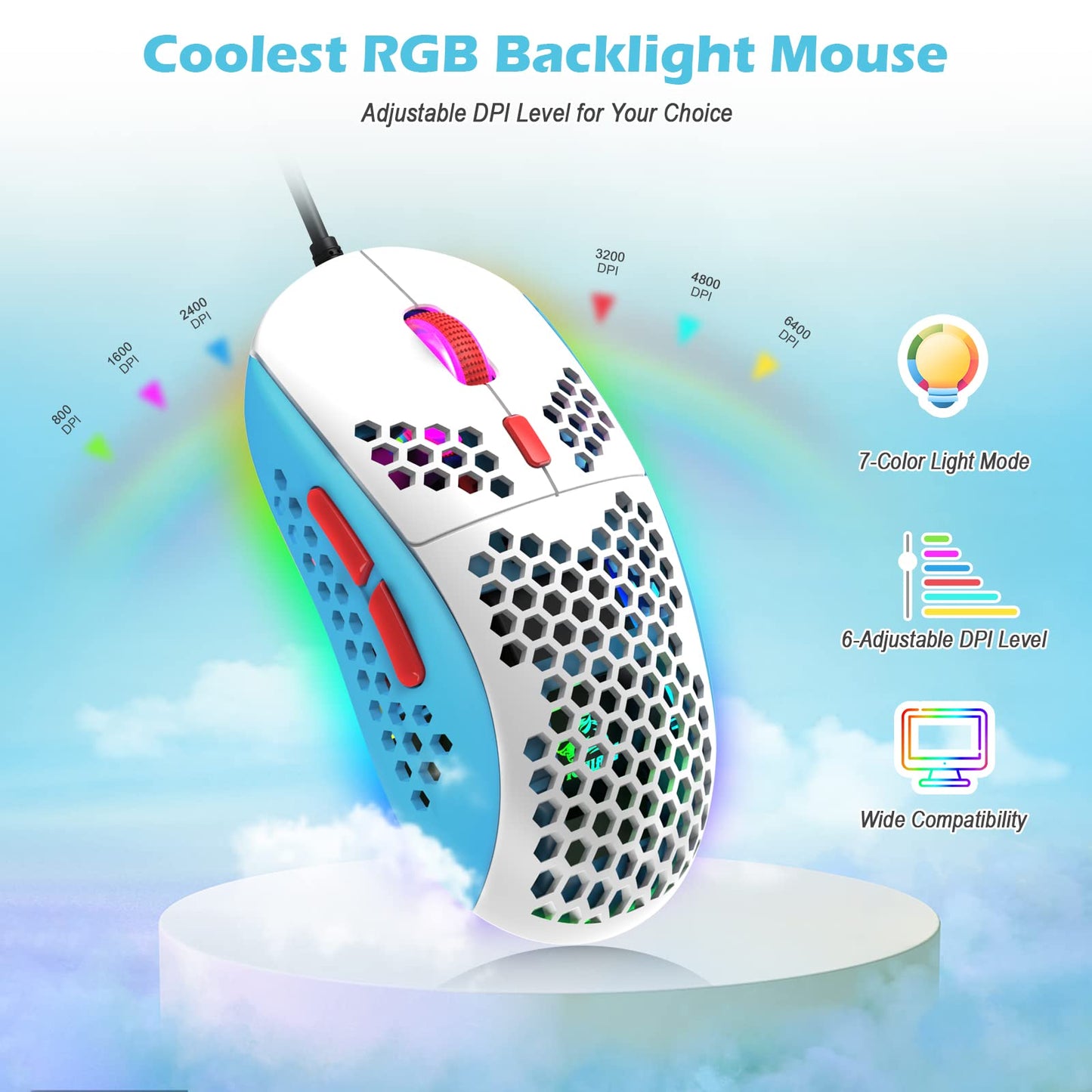 ZIYOU LANG RK-T60 Wired Mechanical Gaming Keyboard and Mouse Combo Mini Portable with Rainbow Backlit 62Key NKRO 6400DPI RGB Honeycomb Mice Coiled Aviator C Cable for PS4/PC/WIN Gamer(Blue/Red Switch)