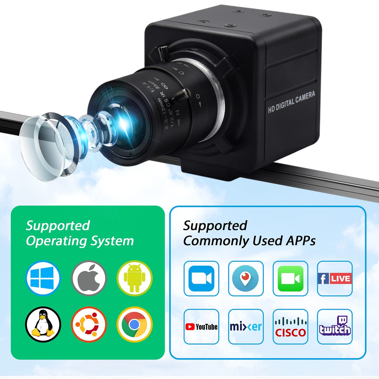 4K USB Camera Manual Zoom Webcam 2.8-12mm Variable Focus PC Camera for Computer Mini UVC USB2.0 Web Camera IMX317 Varifocal USB with Camera Industrial Video Close-up Camera for Laptop Android Mac