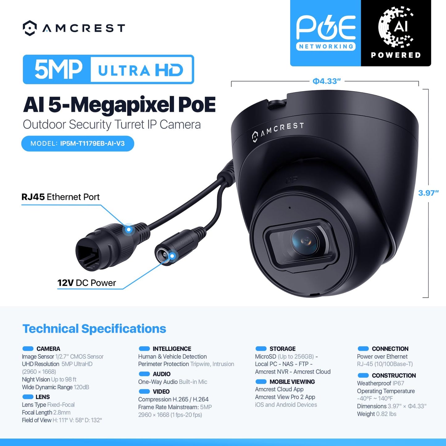 Amcrest 5MP Turret POE Camera, UltraHD Outdoor IP Camera POE with Mic/Audio, 5-Megapixel Security Surveillance Cameras, 98ft NightVision, 132° FOV, IP67, MicroSD (256GB) Black IP5M-T1179EB-AI-V3