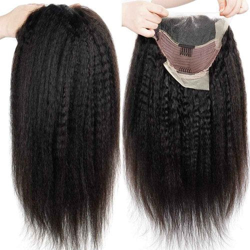 ZIYU 13X4 Kinky Straight Lace Front Wigs Human Hair for Women, 16 inch Kinky Straight Human Hair Wig Pre Plucked HairLine with Baby Hair,180% Density Yaki Straight Lace Wigs Natural Black Color