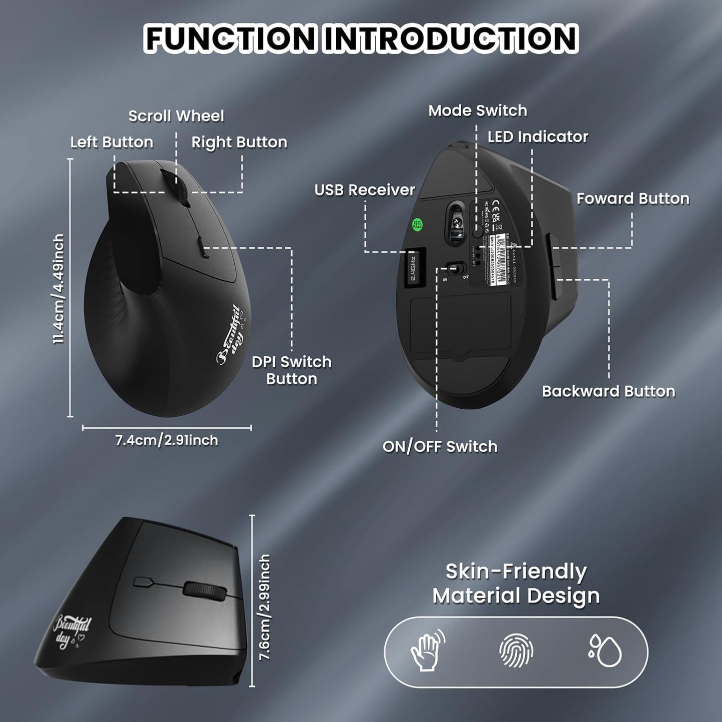 A.JAZZ I300 Bluetooth and 2.4G Rechargeable Wireless Mouse,Ergonomic Vertical Design Optical Mouse Computer Mice,800/1200/1600 DPI,Quiet Clicks,84G Lightweight for Laptop, Desktop, PC, MacBook(White)