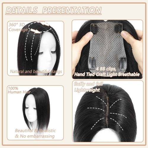 HVVZOY Hair Toppers for Women Real Human Hair,360°3D Big Basement Cover Topper for Women with Thinning Crown with Side Clip in Bangs Realistic Scalp (1B, 3D Side Bangs 16INCH)