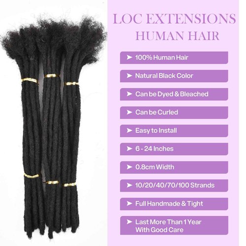 Biubiulom 6Inch-24Inch Dreadlock Extensions Loc Extensions Human Hair for Men/Women 100% Real Human Hair Permanent Dreadlock Extensions Human Hair Can Be Dyed (0.6cm#1B, 16inch/30strands)