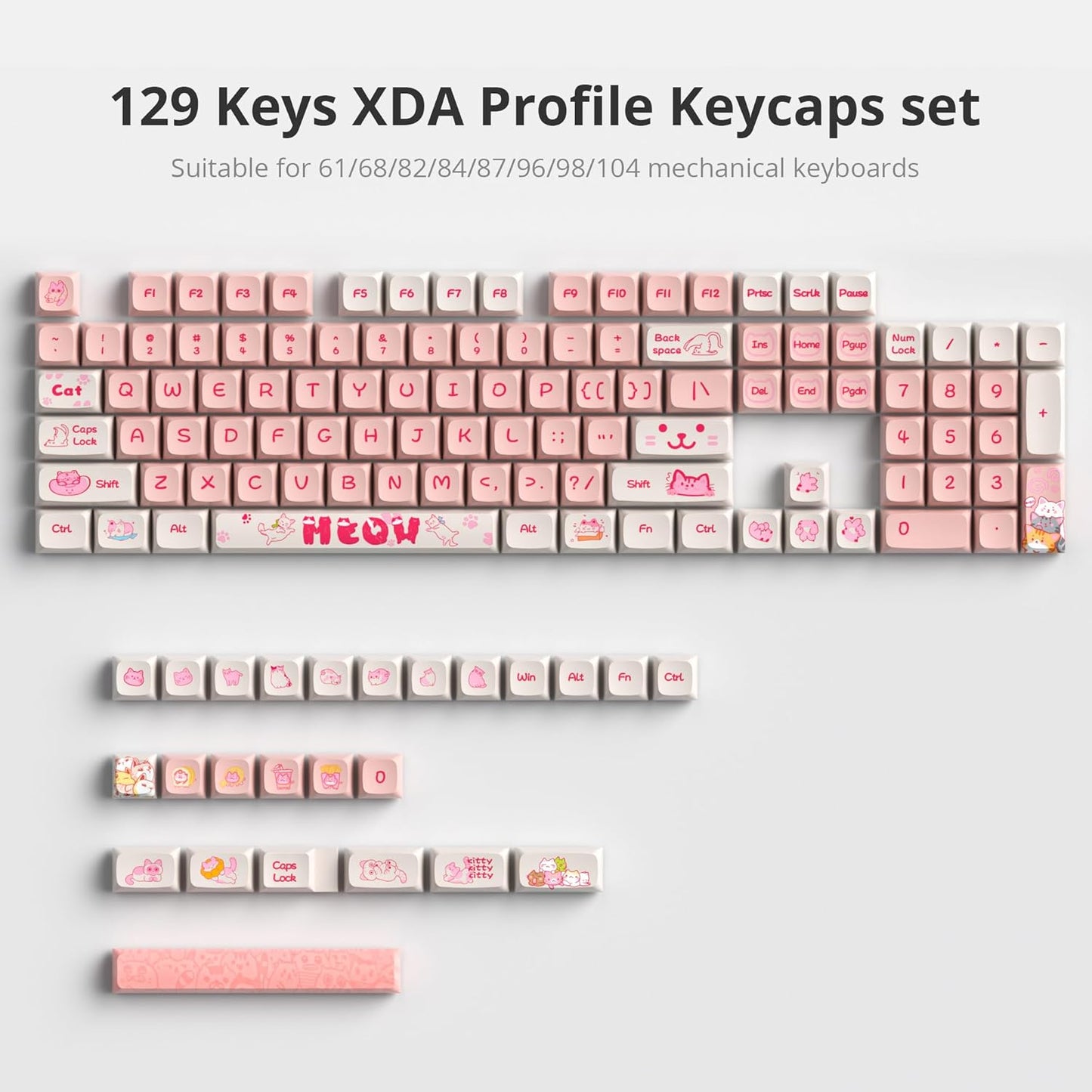 129 Keys PBT Keycaps Dye-Sublimation Keycap XDA Profile Custom Keycaps Anime Keycap Set for 60% 75% 100% MX Switches Mechanical Gaming Keyboard(Peach Cat)