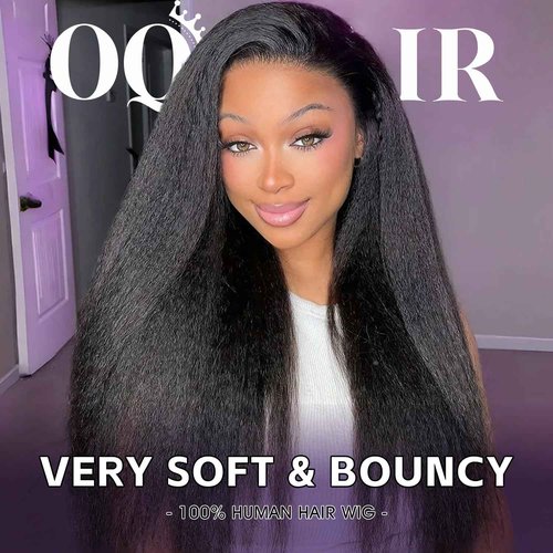 OQ Hair Kinky Straight Half Wig Human Hair Adjustable Drawstring 180% Density 3 In 1 Beginner Friendly Glueless Wear and Go Half Human Hair Wig for Women 18 Inch