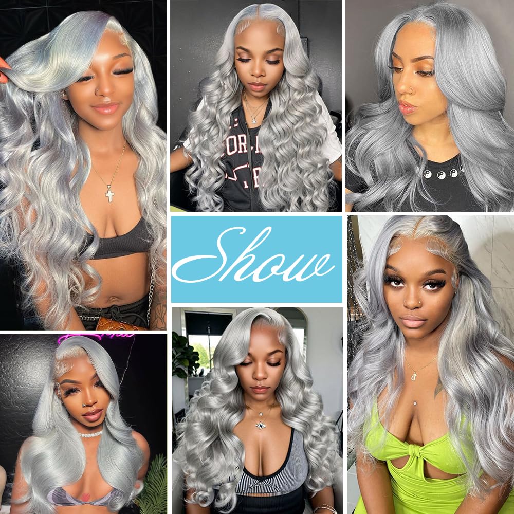 Grey Human Hair Wig 13X4 Body Wave Grey Lace Front Wigs Human Hair Pre Plucked with Baby hair 180% Density Colored wigs for Women 24 inch