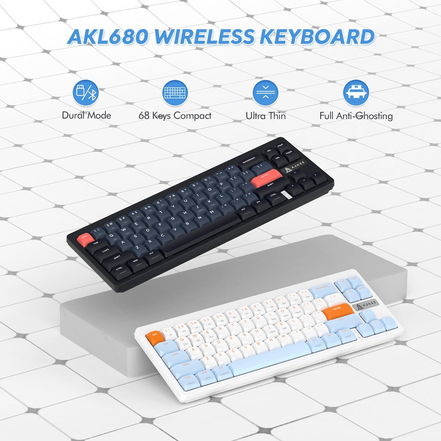 A.JAZZ AKL680 65% Low Profile Wireless Mechanical Keyboard, BT/2.4Ghz Dual Mode 68 Keys Gaming Keyboard with Ultra-Thin Red Switches for PC/Laptop/Windows/Mac(Black/Blue)