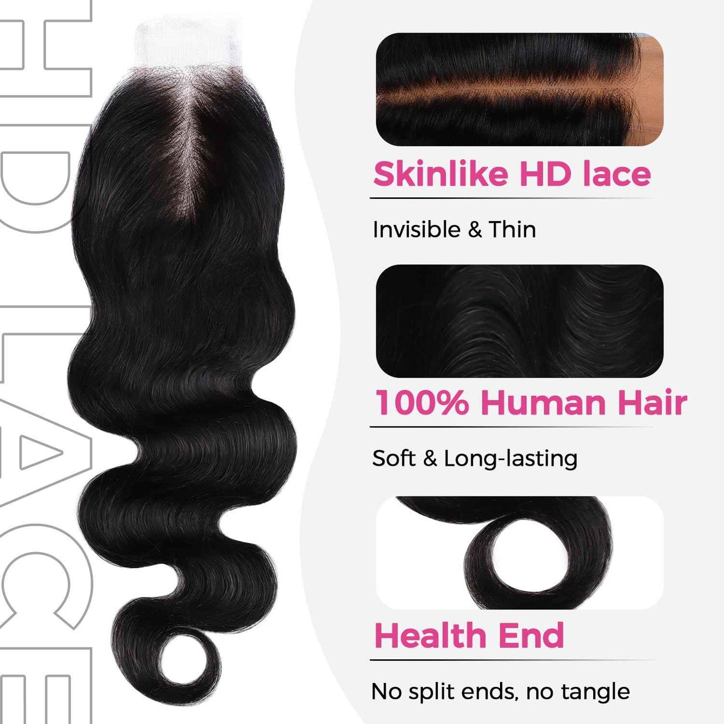Lashey 2x6 SKINLIKE HD Lace Closure Human Hair Body Wave, 0.10mm Ultra-Thin Invisible Real HD Lace, Pre-Bleached Knots and Pre-Plucked Hairline 18 Inch Natural Black