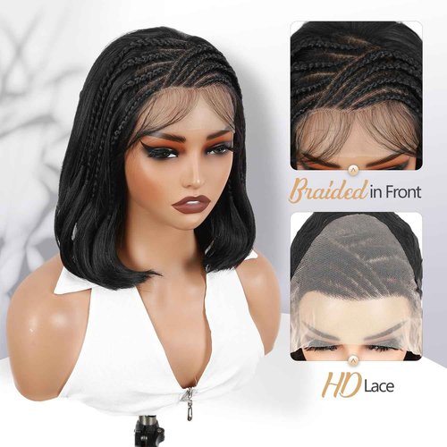Fancy Hair Braided Wigs for Black Women Straight Cornrow Lace Front Bob Wig with Baby Hair Plucked Glueless Transparent 13X4 Lace Front Wig for Black Women