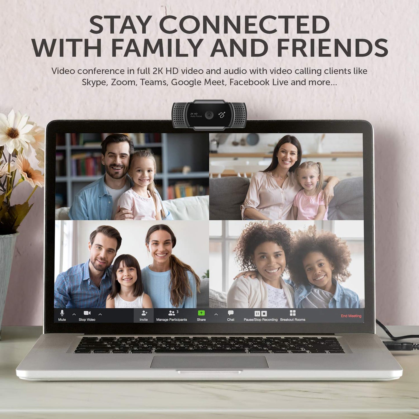 Aluratek 2K HD Webcam with Dual Stereo Noise Cancelling Mics, Auto Focus and Low Light Correction, Built-in Tripod Mount, Universally Compatible