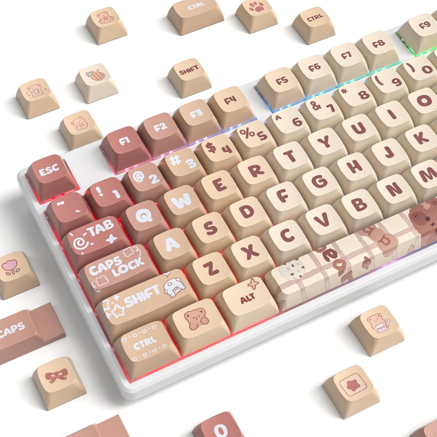 129 Keys PBT Keycaps Dye-Sublimation Keycap XDA Profile Custom Keycaps Anime Keycap Set for 60% 75% 100% MX Switches Mechanical Gaming Keyboard(Peach Cat)