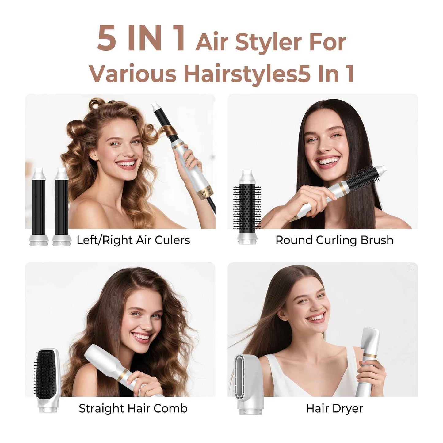 5 in 1 Hair Dryer Brush Set, Blow Dryer Brush with Air Style Wrap Hair Styler, Negative Ionic Magic Style Set, Detachable Air Curler for Volumizer,Straightener,Drying