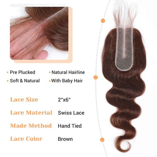 2x6 HD Lace Closure 4# Brown Body Wave Transparent 2 by 6 HD Lace Closure 18 Inch 100% Brazilian Virgin Unprocessed Middle Part Human Hair Closure
