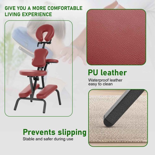 FDW Portable Massage Chair, Tattoo Chair, Foldable Spa Massage Chair, High Density Foam Height Adjustable SPA Salon Chair, Facial Brace for Customers with Backpack (Burgundy)