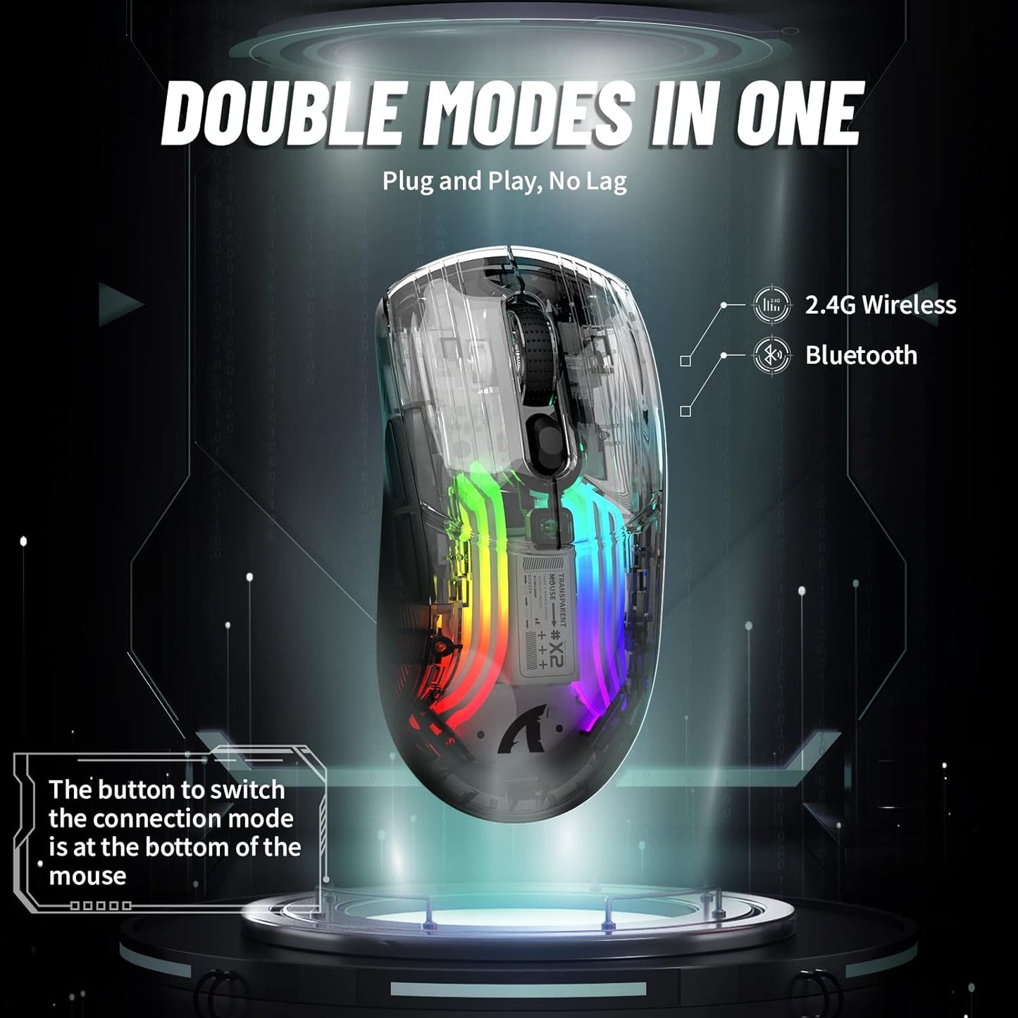 A.JAZZ Wireless Gaming Mouse with Full Transparent,Tri-Mode 2.4GHz/Bluetooth/Wired Mouse,Digital Display,Charging Base,3D RGB Backlit,Silent Mice with 7 Buttons,Wireless Mice for Laptop,PC,Mac(White)