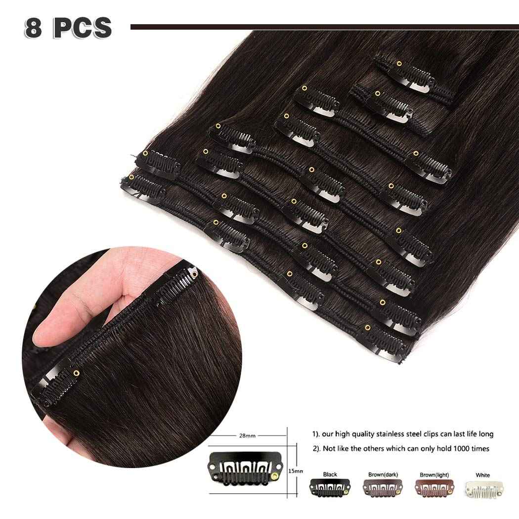 16" Remy Clip in Hair Extensions Human Hair for Black Women Beauty - Long Silky Straight 8pcs 20clips Real Human Hair Clip in Extensions (16 inch 100g #1B Natural Black)