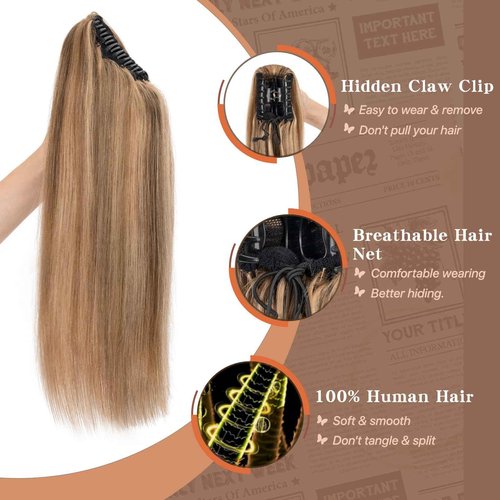 TESSHAIR Claw Clip In Ponytail Extension, 100% Human Hair Ponytail Extension, No Tangle & Smooth, 105g, 14 Inch #Medium Brown & Dark Blonde