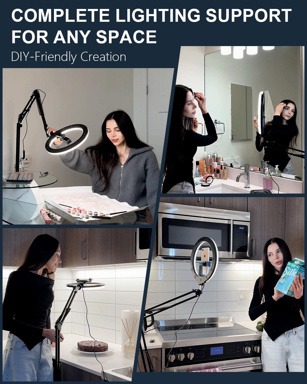 10" Ring Light Tripod for iPhone Overhead Phone Mount Holder, Flexible Ring Light with Stand - LED CRI >95 & Adjustable 70" Height, Phone Stand for Recording Video Camera Selfie Vlog TikTok YouTube