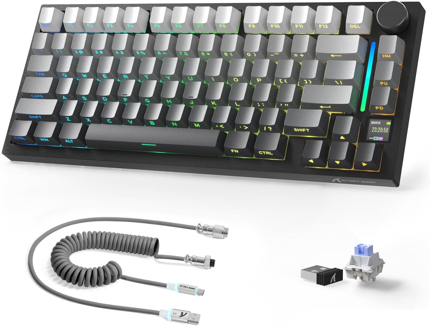 Attack Shark ajazz AK820 Wired Mechanical Gaming Keyboard with Volume Knob Hot Swappable 75% Gasket Keyboard 5-Layer Noise Absorbing Foam PBT Keycap Ice Blue Backlit Blue Switch for PC/Win/Mac-White