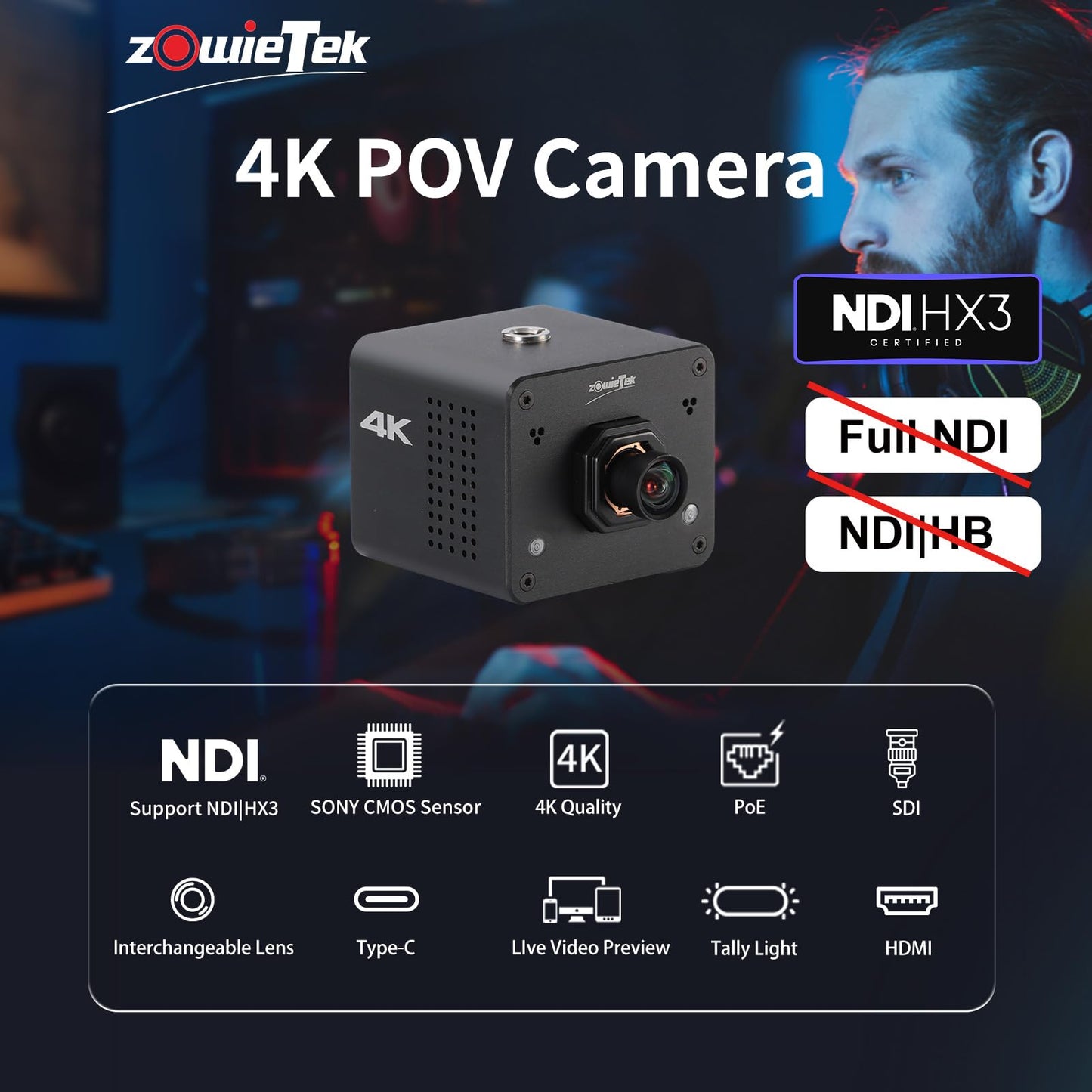 zowietek 4K Native NDI|HX3 POV Box Camera PoE, Simultaneously HDMI & SDI Output, RTSP/RTMP(s)/SRT, Standalone Live Streaming to YouTube/Facebook/Twitch for Webcast, Meeting, Teaching & Gaming (M12 AF)