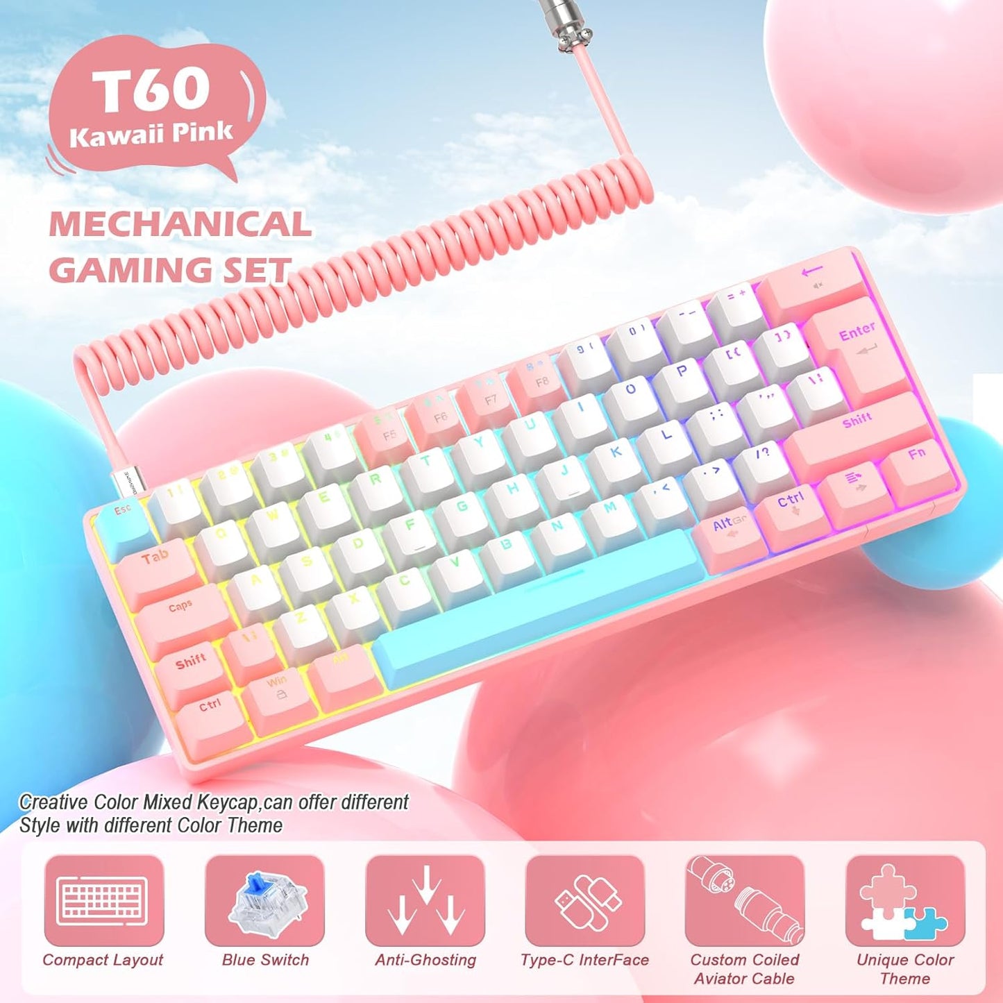 ZIYOU LANG RK-T60 Wired Mechanical Gaming Keyboard and Mouse Combo Portable with Rainbow Backlit 62Key NKRO 6400DPI RGB Honeycomb Mice Coiled Aviator Cable for PS4/PC/WIN Gamer(Light Gray/Red Switch)