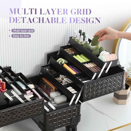 Leeora&Leekoo High-Capacity Multilayer Portable Nail Case for Nail Tech Organizer with Wheels - Lockable Makeup Case Organizer, Cosmetic Case, Makeup Train Case (Black-8045)
