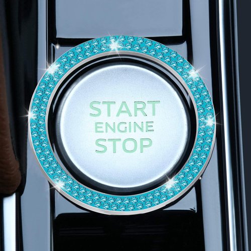 LivTee 2 PCS Crystal Double Rhinestone Car Engine Start Stop Decoration Ring, Bling Car Interior Accessories for Women, Push to Start Button Cover Sticker, Automotive Decals, Cyan