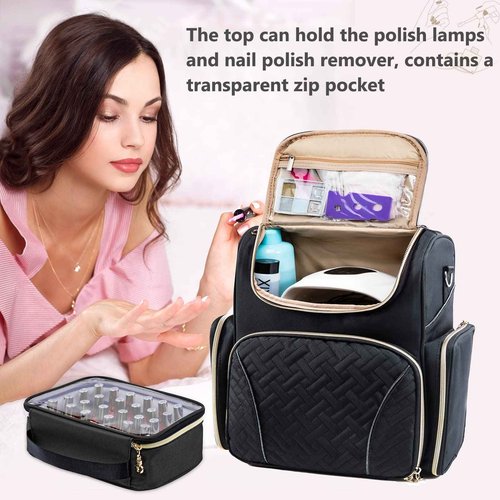ELCUPA Nail Polish Organizer Holds 48 Bottles and a Nail Lamp, Nail Tech Storage Case Large Nail Polish Bag with 2 Removable Boxes and Tools Storage Pockets