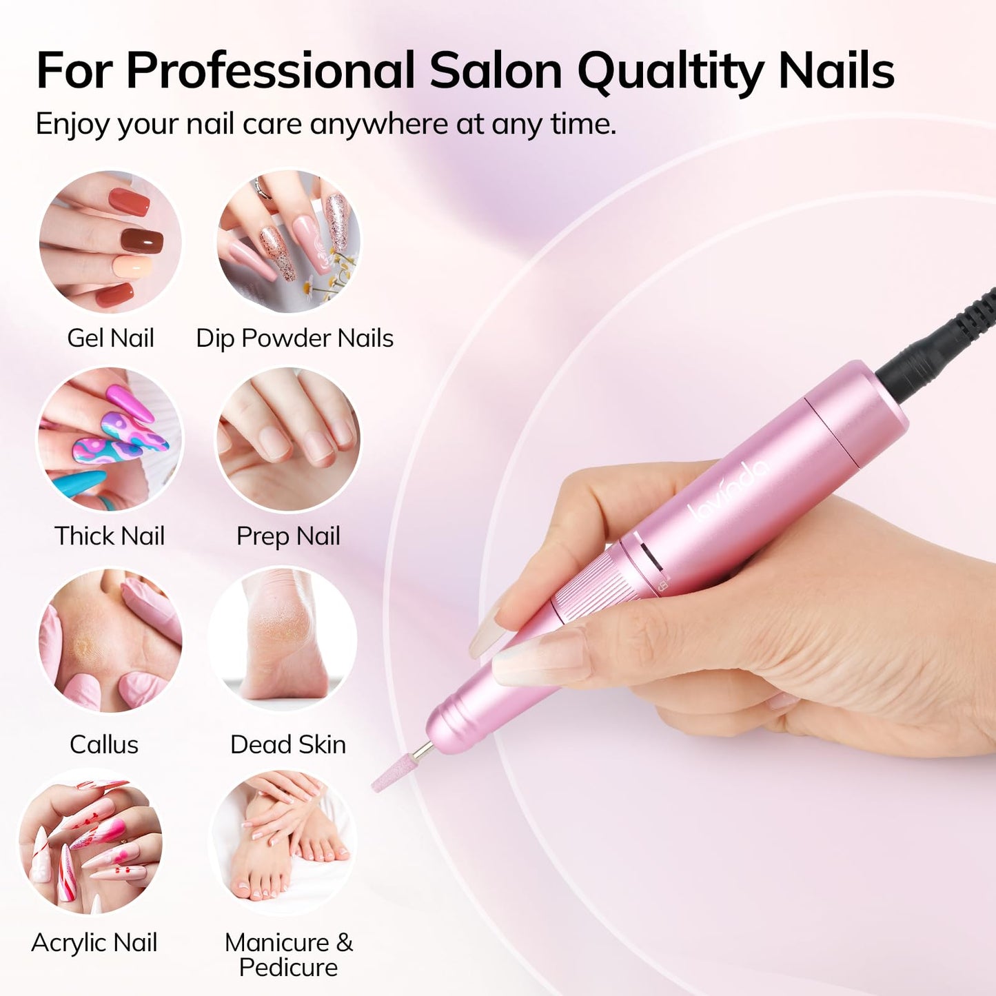 Lavinda Nail Drill 35000 RPM, Cordless Rechargeable Electric Nail File Machine, Professional Efile for Acrylic Nails, Gel Polish, Cuticle Removal, Home and Salon (Pink)